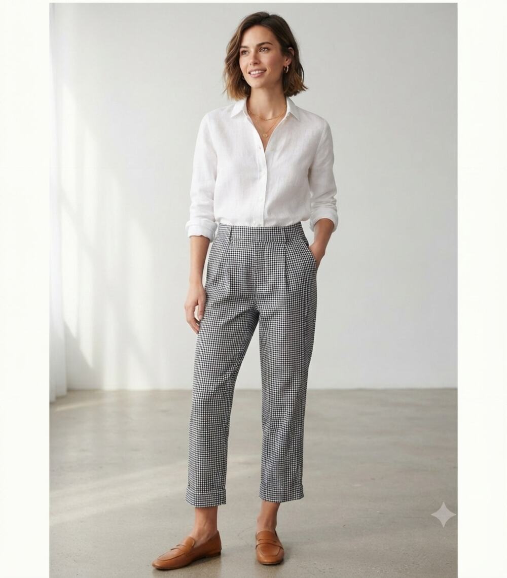 Anthropologie Cartonnier Black White Gingham Pleated Trousers 12P Cotton Linen
